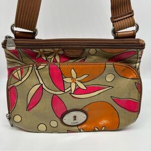 Fossil Key-Per Flower Orange Coated Canvas Small Crossbody Shoulder Tote Bag